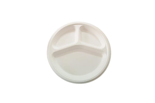 LUSKA Heavy-Duty Sugarcane Paper Plates 10 inch 3 Compartment Round White (Pack of 25) | Disposable Plates with Partition for Dinner | 100% Natural Biodegradable Eco-Friendly