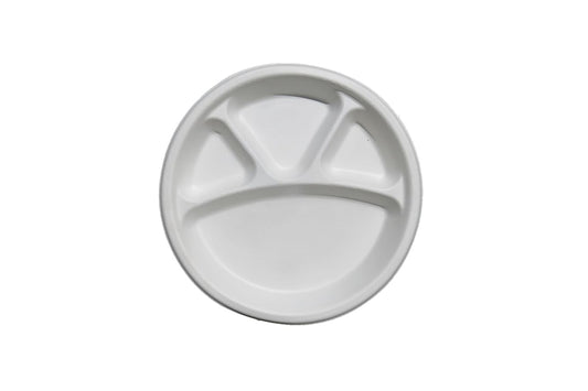 LUSKA Heavy-Duty Sugarcane Paper Plates 11 inch 4 Compartment Round White (Pack of 25) | Disposable Plates with Partition for Dinner | 100% Natural Biodegradable Eco-Friendly