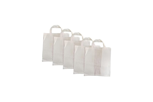 LUSKA (Pack of 5 Cotton Tote Shopping Bags for Bakery & Light weight items | With Handles | Hold 1 kgs | 12 Inch x 12 inch | White Hand-made Reusable Washable Eco Friendly Biodegradable Jhola bag