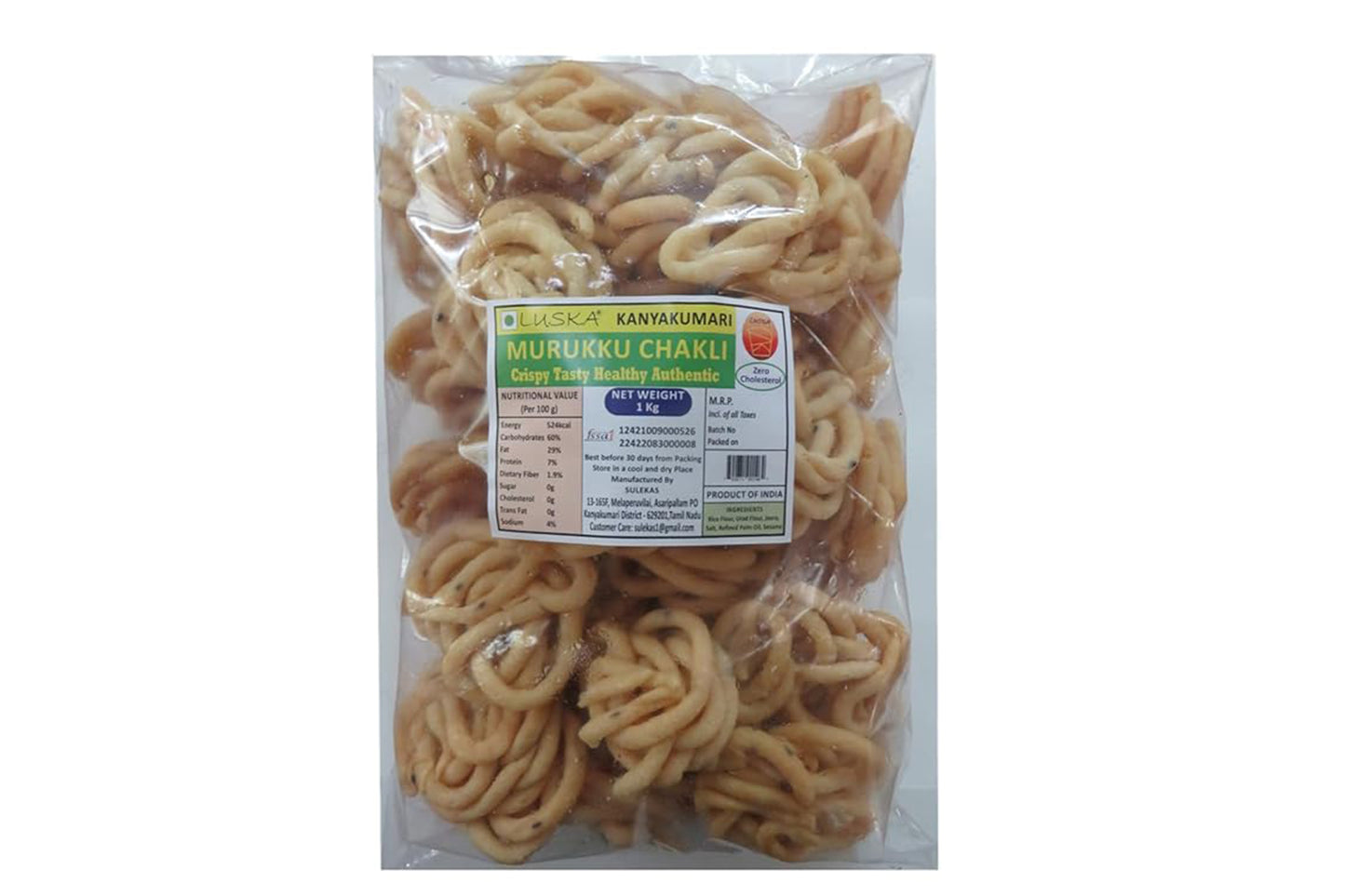 LUSKA Kanyakumari Murukku Chakli Namkeen Snack | 1 kg (1000 grams) | South Indian Thenkuzhal Murukku Snack | Very Crunchy Delicious | Zero Cholesterol