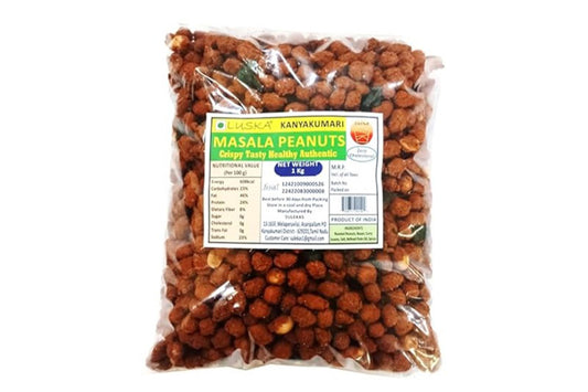 LUSKA Kanyakumari Spicy Hot Crunchy Masala Coated Roasted Peanuts Snack | 1 kg (1000 grams) | Traditional South Indian Masala Kadalai | Zero Cholesterol
