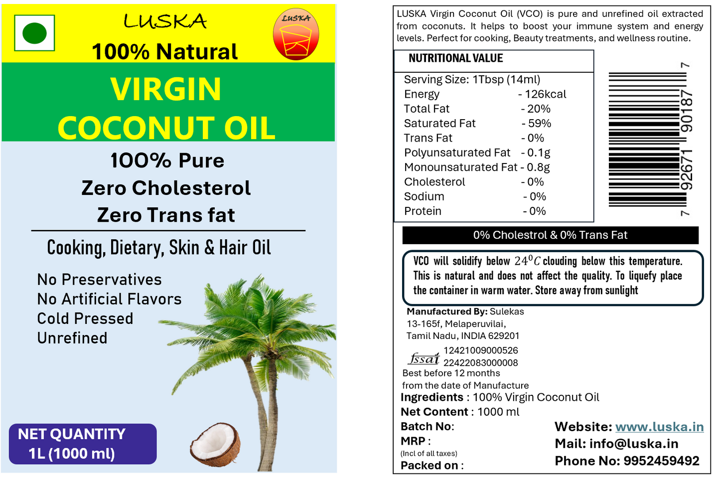 LUSKA 100% Natural Cold Pressed Extra Virgin Coconut Oil 1L (1000 ml) | 100% Pure & Unrefined| Natural, Healthy| For Daily Cooking, Massage, Hair & Skin Care| Zero Cholesterol| Zero Trans Fat