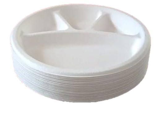 LUSKA Heavy-Duty Sugarcane Paper Plates 11 inch 4 Compartment Round White (Pack of 25) | Disposable Plates with Partition for Dinner | 100% Natural Biodegradable Eco-Friendly