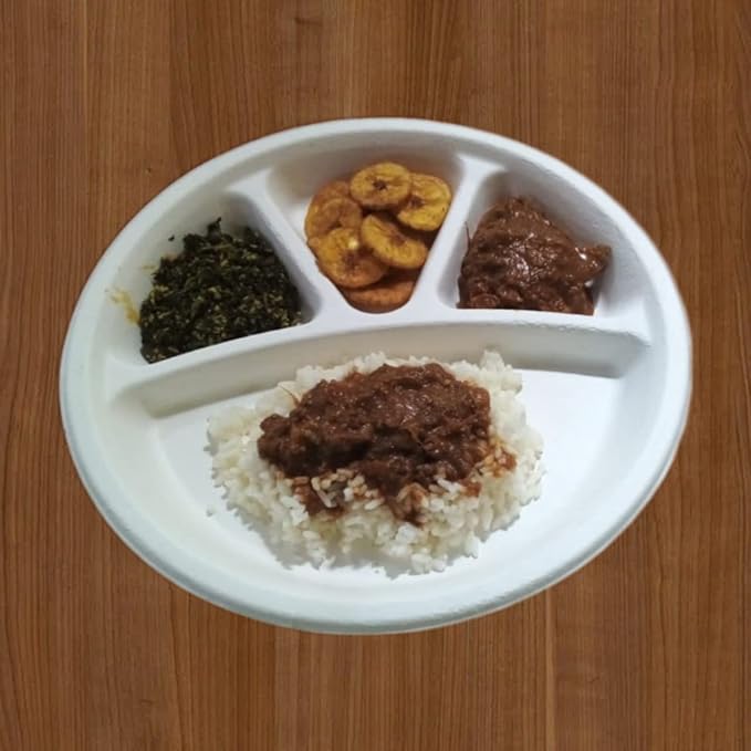 LUSKA Heavy-Duty Sugarcane Paper Plates 11 inch 4 Compartment Round White (Pack of 25) | Disposable Plates with Partition for Dinner | 100% Natural Biodegradable Eco-Friendly