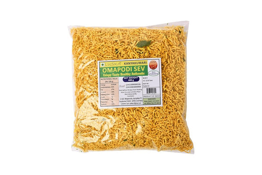 LUSKA Kanyakumari Crispy Delicious Omapodi Thin Sev Namkeen snack | 400 grams | Traditional South Indian Sev | Besan Sev | Mora Sev | Bhujiya | Bhel Puri Sev | Zero Cholesterol