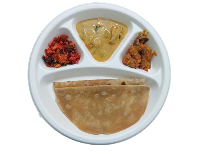 LUSKA Heavy-Duty Sugarcane Paper Plates 11 inch 4 Compartment Round White (Pack of 25) | Disposable Plates with Partition for Dinner | 100% Natural Biodegradable Eco-Friendly