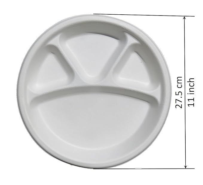 LUSKA Heavy-Duty Sugarcane Paper Plates 11 inch 4 Compartment Round White (Pack of 25) | Disposable Plates with Partition for Dinner | 100% Natural Biodegradable Eco-Friendly