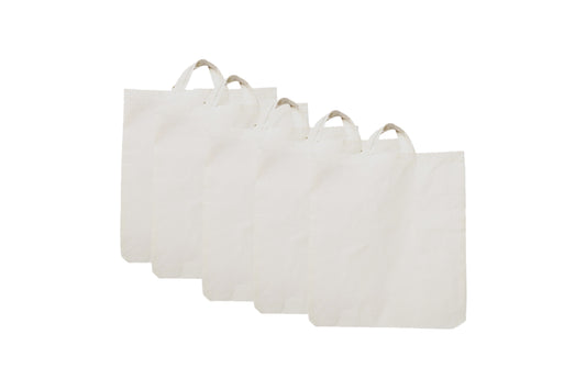 LUSKA (Pack of 5 Cotton Tote Grocery Shopping Bags for Groceries Fruits & Vegetables | With Handles | Hold 7 kgs | 15 Inch x 17 inch | White Hand-made Reusable Washable Eco Friendly Biodegradable Jhola bag