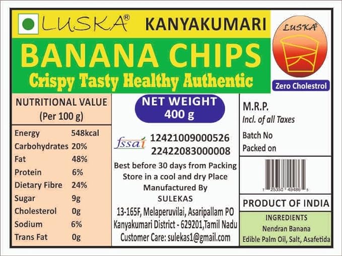 LUSKA Kanyakumari Banana Chips, 400 grams, Authentic Nendran Plantain Chips (400g) | Zero Cholesterol