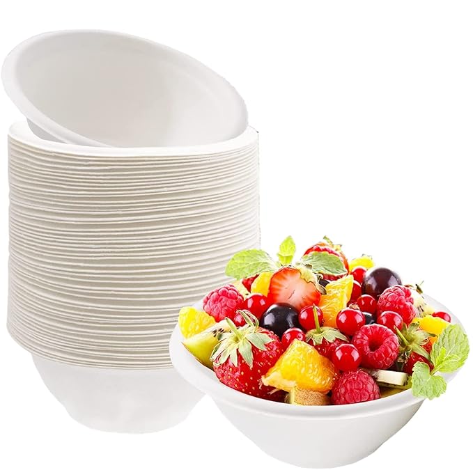 LUSKA Heavy-Duty Sugarcane Paper Bowl 240ml Round White (Pack of 50) | Disposable Paper Bowls | 100% Natural Biodegradable Eco-Friendly