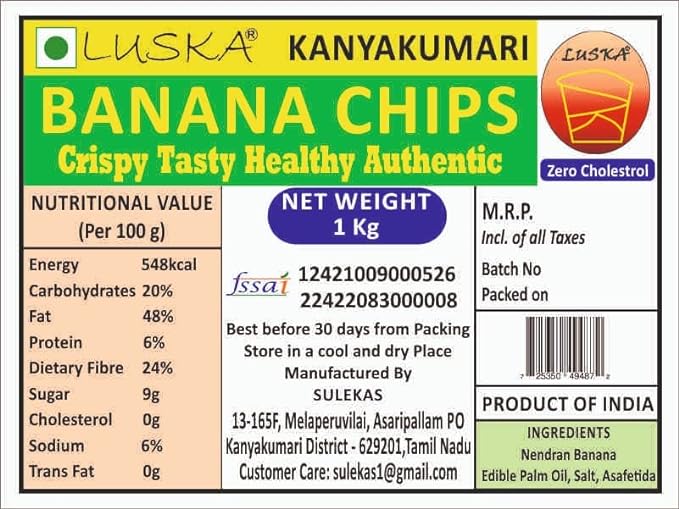 LUSKA Kanyakumari Banana Chips, 1 Kg, Authentic Nendran Plantain Chips (1000 grams, 1Kg) | Zero Cholesterol