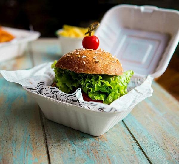 LUSKA Sugarcane Paper Burger Box 6 x 6 inch (Pack of 50) | Disposable lunch box for burger, sandwich, or take home food from restaurants | 100% Natural Biodegradable Eco-friendly