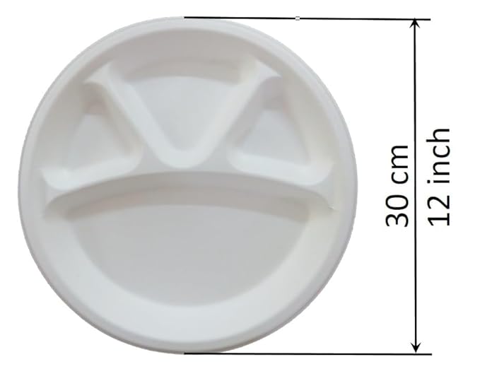 LUSKA Heavy-Duty Sugarcane Paper Plates 12 inch 4 Compartment Round White (Pack of 25) | Disposable Plates with Partition for Dinner | 100% Natural Biodegradable Eco-Friendly