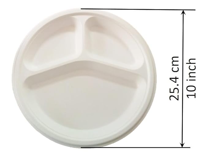 LUSKA Heavy-Duty Sugarcane Paper Plates 10 inch 3 Compartment Round White (Pack of 25) | Disposable Plates with Partition for Dinner | 100% Natural Biodegradable Eco-Friendly
