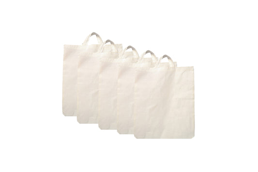 LUSKA (Pack of 5 Cotton Tote Grocery Shopping Bags for Groceries Fruits & Vegetables | With Handles | Hold 6 kgs | 13 Inch x 15 inch | White Hand-made Reusable Washable Eco Friendly Biodegradable Jhola bag