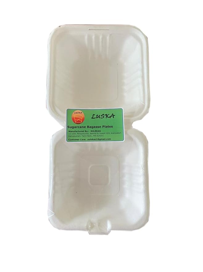 LUSKA Sugarcane Paper Burger Box 6 x 6 inch (Pack of 50) | Disposable lunch box for burger, sandwich, or take home food from restaurants | 100% Natural Biodegradable Eco-friendly