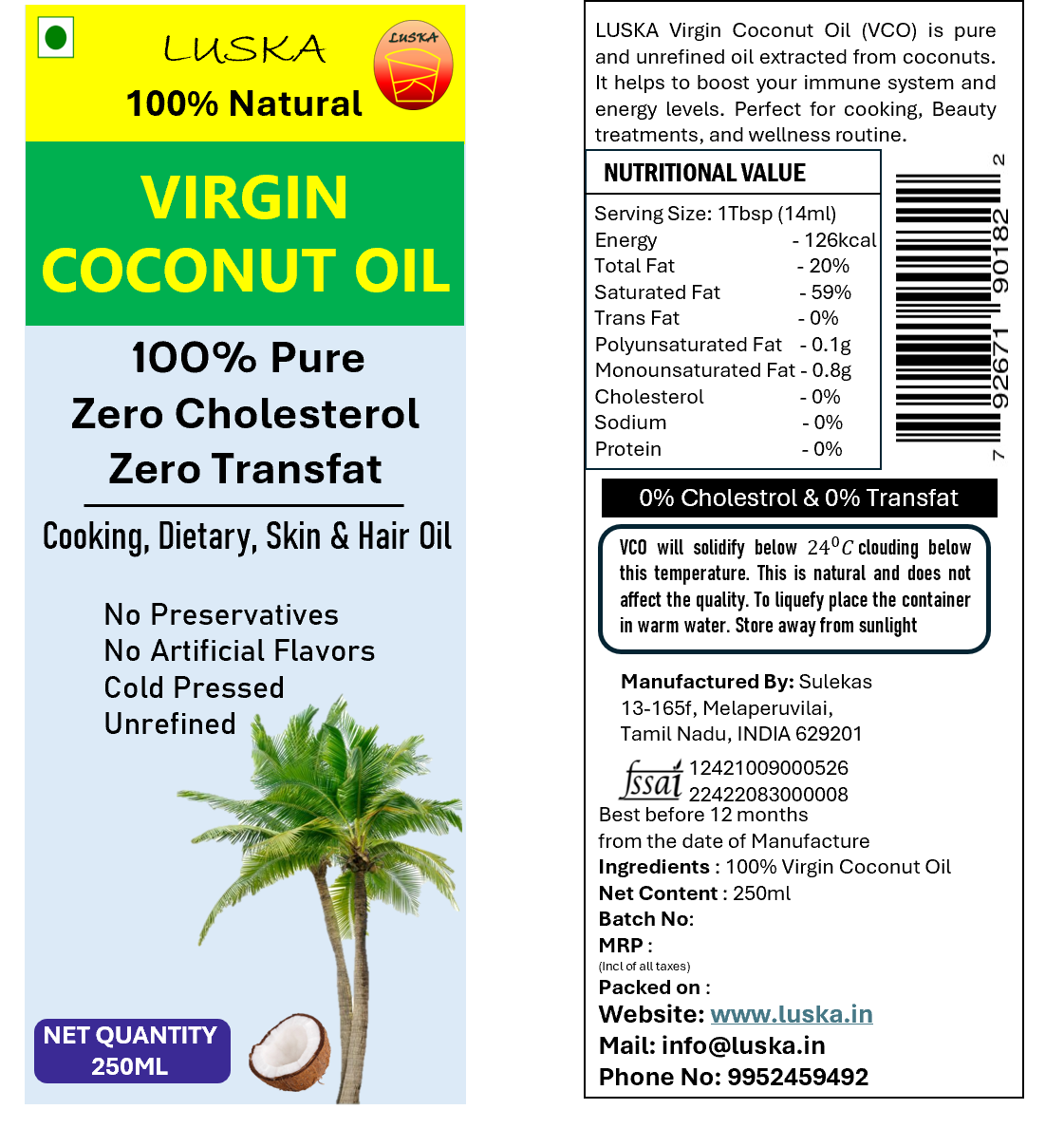 LUSKA 100% Natural Cold Pressed Extra Virgin Coconut Oil 250ml| 100% Pure & Unrefined| Natural, Healthy| For Daily Cooking, Massage, Hair & Skin Care| Zero Cholesterol| Zero Trans Fat