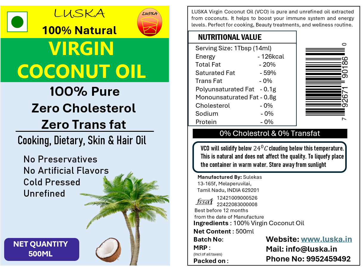 LUSKA 100% Natural Cold Pressed Extra Virgin Coconut Oil 500ml| 100% Pure & Unrefined| Natural, Healthy| For Daily Cooking, Massage, Hair & Skin Care| Zero Cholesterol| Zero Trans Fat