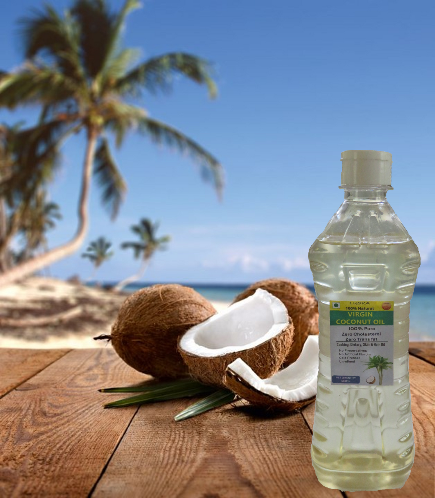 LUSKA 100% Natural Cold Pressed Extra Virgin Coconut Oil 500ml| 100% Pure & Unrefined| Natural, Healthy| For Daily Cooking, Massage, Hair & Skin Care| Zero Cholesterol| Zero Trans Fat