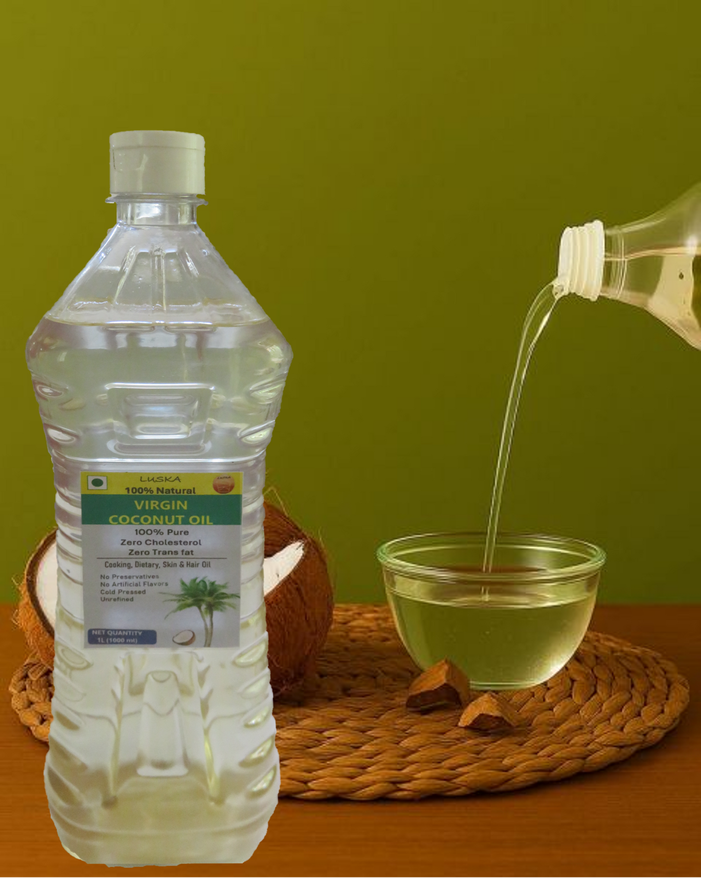 LUSKA 100% Natural Cold Pressed Extra Virgin Coconut Oil 1L (1000 ml) | 100% Pure & Unrefined| Natural, Healthy| For Daily Cooking, Massage, Hair & Skin Care| Zero Cholesterol| Zero Trans Fat