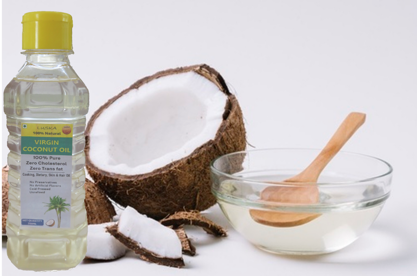 LUSKA 100% Natural Cold Pressed Extra Virgin Coconut Oil 250ml| 100% Pure & Unrefined| Natural, Healthy| For Daily Cooking, Massage, Hair & Skin Care| Zero Cholesterol| Zero Trans Fat