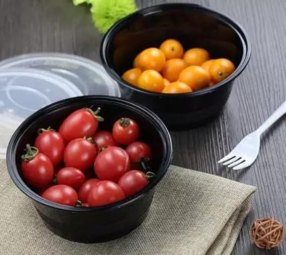 LUSKA Round Reusable Plastic Containers with Lid, 1000ml (Pack of 25) for Food Storage, Food Delivery, Kitchen and Household use | Microwave Safe, Fridge & Freezer Safe
